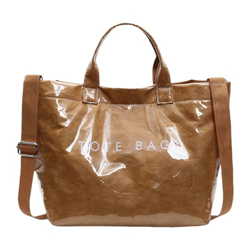 Image of PVC Tote Bag for Women Large Clear Plastic Letter Print Kraft Paper Top Handle Crossbody Shoulder Hobo Handbag(D-Brown)