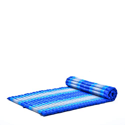 Rollbare Thai Matte, 200x105x5 cm, Breite Gästematratze Yogamatte Massagematte Ökologisches Naturprodukt, Kapok, blau