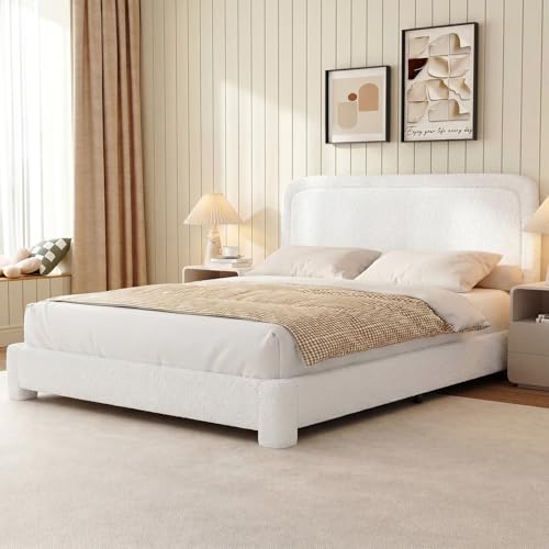 WEUP Queen Size Boucle Bed Frame, Upholstered Teddy Fabric Bed
