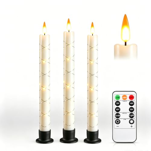 Image of Da by 3 Pack Ivory Heat Resistant Flameless Taper Candles, Cross Surrounding Fairy String Lights, Realistic Dynamic Flame LED Candles with Remote Control for Indoor Outdoor Decor
