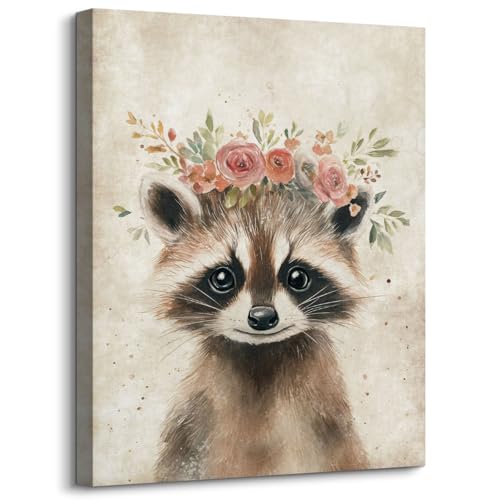 Cute Raccoon Print Wall Art Decor Retro Animal Portrait Poster Funny Raccoon with Wreath Picture Painting Farmhouse Woodland Animal Artwork for Baby Room Nursery Home Office Decoration 12x16inch