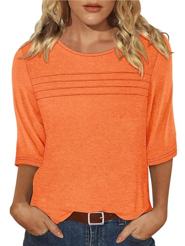 KISSMODA Women's Casual 3/4 Sleeve T-Shirts Round Neck Cute Tunic Tops Basic/Pleated Summer Tops Trendy Spring Blouses