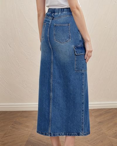 Women's Casual Drawstring Stretchy Denim Skirt Elastic Waist Bodycon Midi Jean Skirts with Flap Pocket3