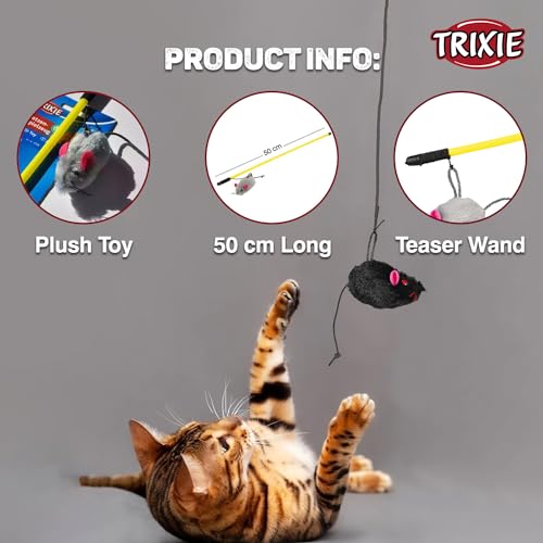 Image of TRIXIE Cat Fishing Rod Toy with Plush Mouse, Interactive Teaser Stick for Cats, Play Activity Accessory for Exercise, Hunting Instinct Training and Fun