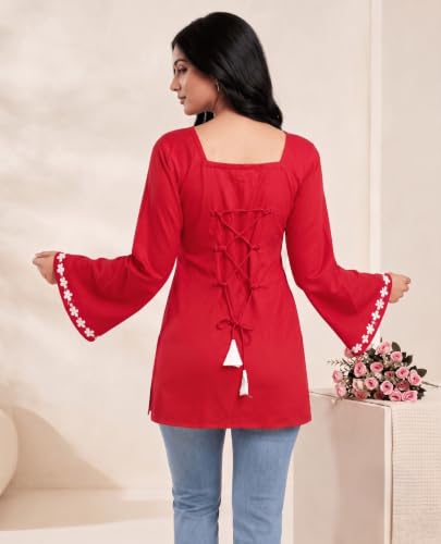 Image of MAHIRA'S Comfort Women's Short Kurti, Rayon Tunic Top with 3 /4 Embroidered Designer Sleeves | Soft Breathable Fabric | Office & Casual Kurti for Jeans, Leggings & Trousers