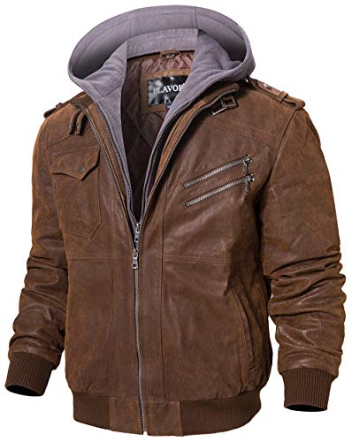 Image of FLAVOR Men Brown Leather Motorcycle Jacket with Removable Hood | Genuine Leather, Removable Hood, Windproof, Multi Pockets, Fall Winter Coats, Riding and Daily Wear, Moto Biker Jacket Men