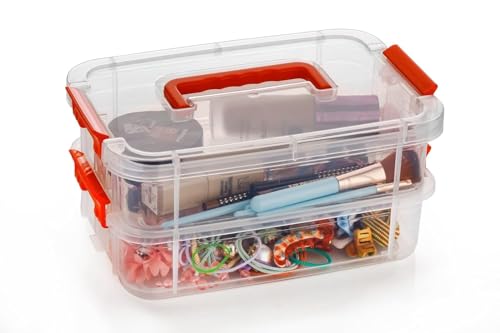 Image of Golden bird plastic boxes for Storage transparent, Space Saving Organiser with Lid Portable & Stackable for Jewelry, Beads, Crochet, Sewing, Scrapbooking DIY Craft (2 tier, Red)