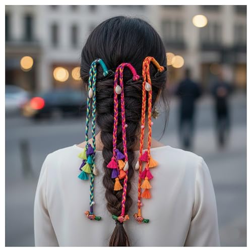 Image of Colorful Boho Hair Extensions with Cowrie Shells & Beads - Handmade Cotton Thread Braids with Wooden Charms for Girls & Women (Set of 3)