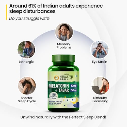 Image of Vlado's Himalayan Organics Melatonin 10Mg Sleep Tablets- Sleeping Pills with with 250mg Tagar & Vitamin B6 for Deep Sleep Restful Nights, and Effective Sleep Dose | for Women & Men | Non-Habit Forming, Restful Sleep - 120 Tablets