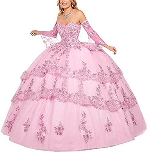 Robe de Quinceanera rose clair grand volume robe princesse manche longue dentelle femme taille 50