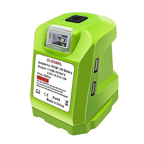 AuthFrank Battery Adapter for Ryobi 18V Lithium Ion Battery, with 200lm LED Work Light & DC Port & Dual USB Ports Charger, Power