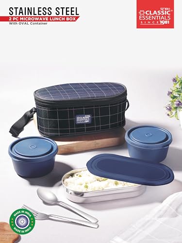 Image of CLASSIC ESSENTIALS Supreme All in One Lunch Box with Insulated Bag | Microwave Safe Containers with Steel Inner | Leak Resistant (Without Bottle, Blue, 2 Container)