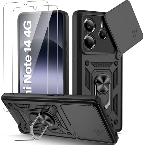 Guisessy Funda para Xiaomi Redmi Note 14 4G (No para 5G) Armor Carcasa Cubierta de cámara Deslizante Proteger con 2 Pack Cristal Templado Protector con 360 Anillo Soporte PC y Silicona TPU Case, Negro