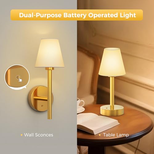 Image of L LOHAS LED Battery Operated Wall Sconce & Table Lamp Set of 2, 10000mAh Battery Powered Dimmable Wall Lamp with App, 15 DIY Color, Wireless Sconces Wall Decor for Living Room, Bedroom, Gold