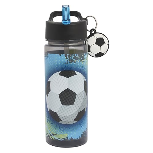Polar Gear Football 500ml Kids Water Bottle with Straw - Back to School Supplies Drinks Bottle with Keyring Charm Black & White