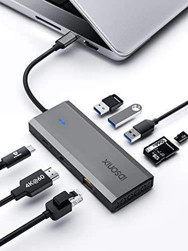 Laptop Docking Station, iDsonix 8 in 1 USB C Docking Station with HDMI 4K@60Hz, PD 100W, Gigabit Ethernet, 3 USB Ports, SD/TF