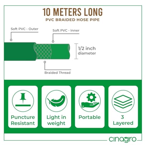 Image of Cinagro 10 Meter 0.5 inch Heavy Duty 3 Layered Braided PVC Garden Hose Pipe with Tap Adapter & 3 Clamps, Water hosePipe for Garden, Car Washing, Garden Pipe for Home (32.8 feet, Green) | With Tap Adapter, 3 Clamps, Heavy Duty, Flexible, Car Wash, Garden Watering