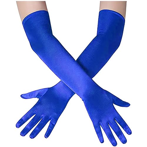 Papoopy Women Blue Long Gloves for for Wedding, Tea Party, Cosplay, Costume (Satin - Blue)