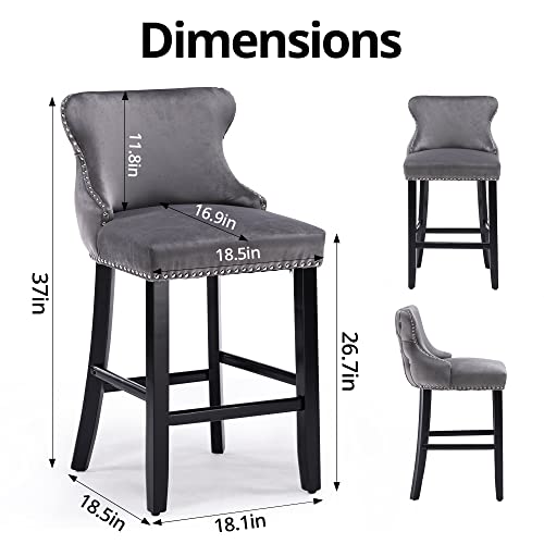 I-Pook Counter Height Bar Stools Set Of 2, Velvet Upholstered Barstools With Solid Wood Legs, Button Tufted And Nailheads Trim, Wing-Back Bar Chairs For Kitchen Island Dining Room Pub, Gray #TOP1