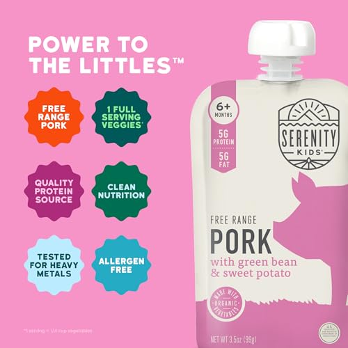 Image of Serenity Kids 6+ Month Baby Food Pouches - Free Range Pork with Organic Green Bean & Sweet Potato Puree - BPA-Free Food Pouches for Baby - 3.5 Oz, 1 count