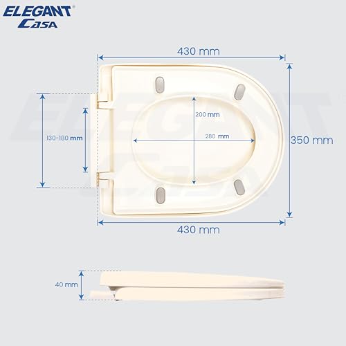 Image of Elegant Casa A-11 Toilet Seat Cover D Shape Commode Cover Easy Installation Stable Hinges Prevent Shifting Soft-Closing Colour Ivory Off-White Sleek Design Size 43x35 Hole Distance 13-18 Cm