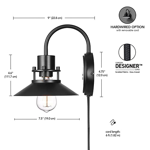 Image of Globe Electric Wren 1-Light Plug-in or Hardwire Wall Sconce, Matte Black, 6ft Black Braided Fabric Designer Cord, in-Line On /Off Rocker Switch, Bulb Not Included