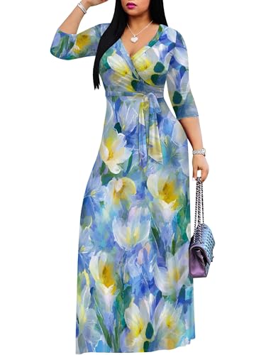 Image of Women's V Neck Floral Maxi Dress 3 /4 Sleeve Plus Size Boho Wrap Flowy Long Dresses with Belt