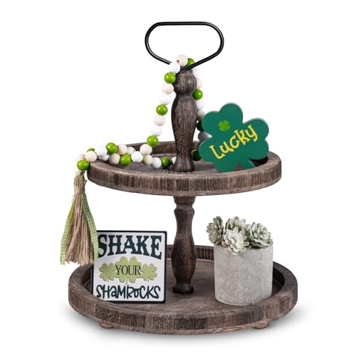 Mustry Rustic Wooden 2 Tiered Tray, Round Farmhouse Kitchen Table Decor Serving Tier Tray, Food Fruits Cupcake Display Coffee Bar Home Party Seasonal Decorations (Brown)