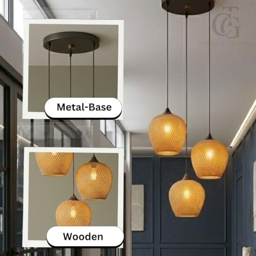 Image of Boho Set of 3-Heads of Tapered Drum Pendant Lights|Wooden Woven Cluster Hanging Lamp for Dining Table, Cafe & Living Room Decor