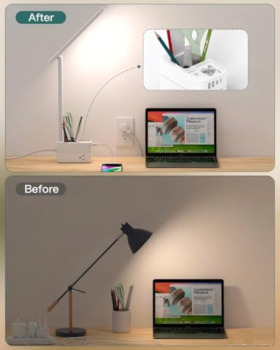 Image of Addtam Desk Lamp with Pen Holder, LED Desk Lamps for Home Office, Power Strip with 3 Outlets 4 USB Charging Ports(2 USBC), 3 Color Modes Touch Lamp, Study Lamps for College Dorm Room Essentials, White