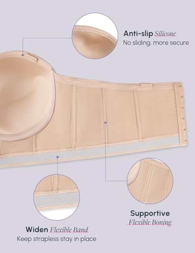 Image of FallSweet Longline Strapless Bra for Large Bust C-DD, Anti-Slip Back Smoothing Convertible Lace Corset for Wedding Party