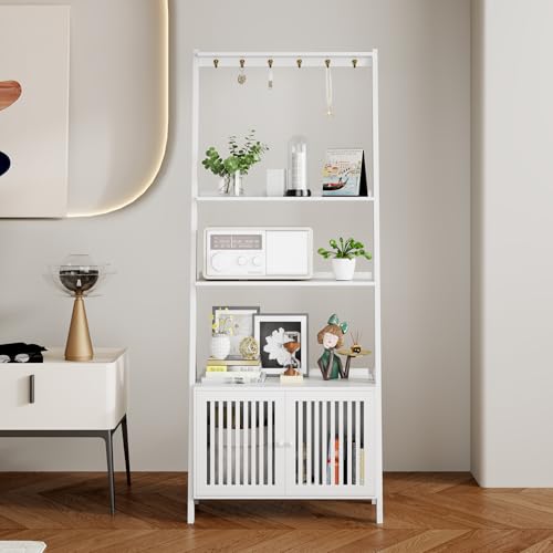 Image of Bookcase with Drawers, 4-Tier Bamboo Bookshelf Ladder Shelf with 6 Hooks, 59.5 inchH x 24.8 inchL x 10.6 inchW, Tall Narrow Freestanding Standing Storage Organizer for Living Room, Office, Bedroom, White