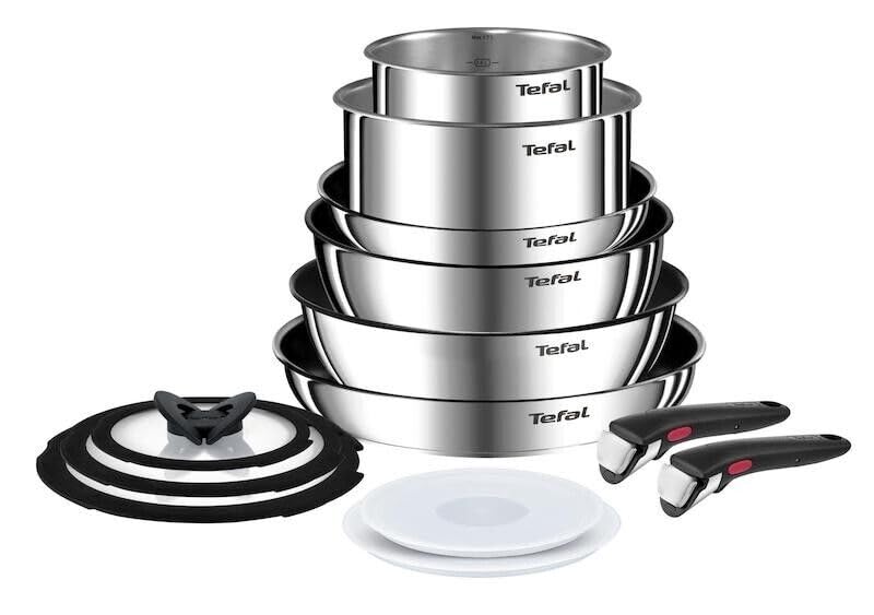 Tefal Ingenio Emotion - Set di 13 pentole e padelle con manici rimovibili, antiaderente, adatti a induzione, colore: Argento/Nero
