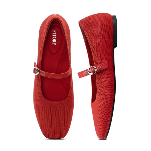 Image of FITORY Flats for Women, Mary Jane Ballet Square Toe Knit Ankle Strap Shoes | Memory Foam, Comfortable, Foldable, Washable, Office, Dressy, Casual, Daily, Walking