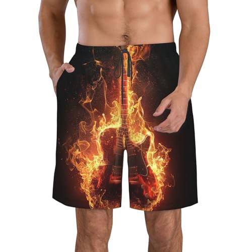 Men's Quick Dry Swim Shorts Flame Guitar Dark Fire Fantasy Art Bright Beach Trunks with Pockets