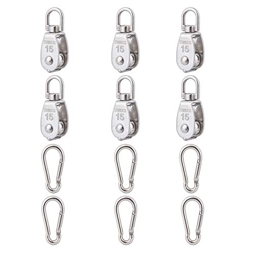 6X 304 Stainless Steel M15 Single Swivel Rope Pulley Blocks with Snap Hooks