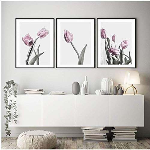 Affiches et impressions fleurs roses tulipes vertes tableau toile salon art mural 50x70cm