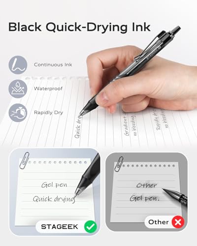 Image of STAGEEK 12 Pack Black Gel Pens, Quick Dry Black Ink Pens, 0.5mm Fine Point Retractable Smooth Writing Pens for Journaling, Writing, Business Gel Pen for Office School & Home Supplies(Black)