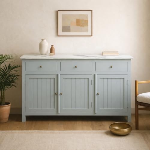 Image of Solid Wood Madrid Sideboard Cabinet with Sintered Stone Top for Living Room, Premium Acrylic Silver Grey Finish, 130x40x80 cm