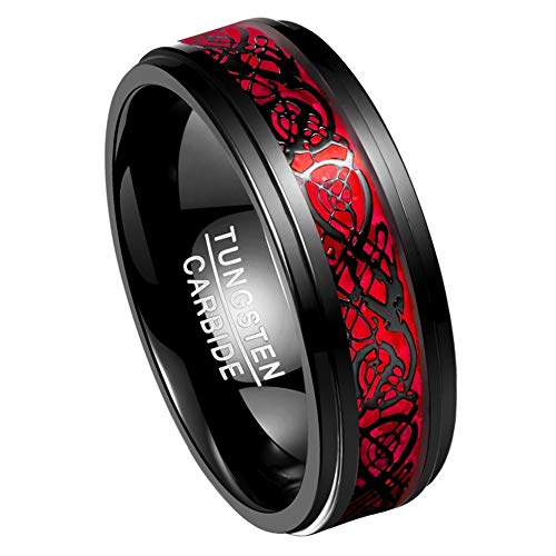 TUNGSTORY 8mm Black Tungsten Carbide Ring for Men Women Celtic Dragon Wedding Band with Red Opal Inlay High Polished Size 5.5
