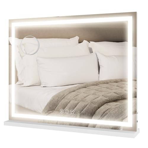 YOURLITE Miroir de Maquillage Hollywood Lumineux 70x57cm, Miroir Coiffeuse LED Dimmable et 3 Couleurs de Lumière, avec Miroir Grossissant 10x, Interrupteur Tactile, Port USB, Blanc