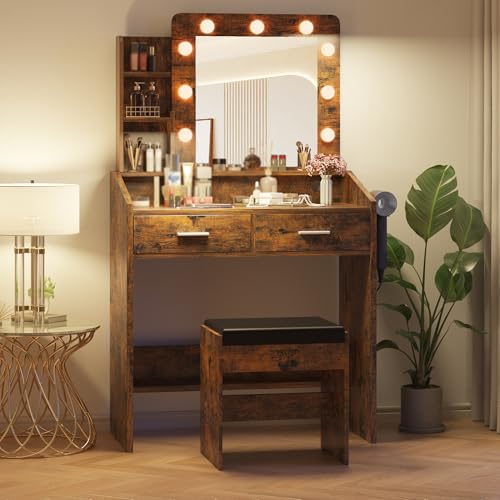 Garveehome Vanity Desk with Mirror and Lights, Makeup Vanity with Power Outlet & Cushioned Stool, 3 Lighting Modes Adjustable Brightness, Dressing Table with Hairdryer Holder for Bedroom, Rustic Brown