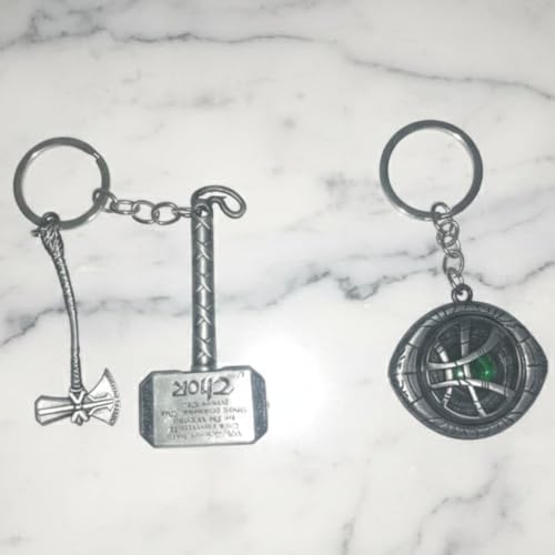 Image of MARVEL THOR Metallic SILVER Hammer,Stormbreaker /Axe & DR STRANGE,CAPTAIN AMERICA SHIELD Spinning KEYCHAIN,Heavy Quality Metal,Combo Pack for Kids Men Women Car Bike Home