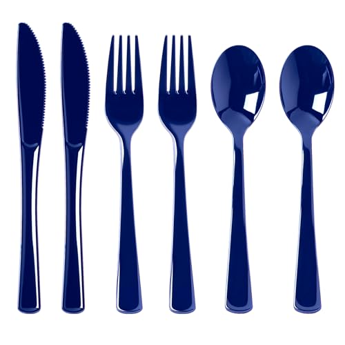 300 Count Navy Blue Plastic Silverware Heavy Duty Disposable Cutlery Set 100 Forks 100 Spoons and 100 Knives Plastic Utensils Set for Party Birthday Wedding
