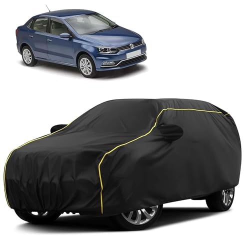 Image of Sulfar 100% Water Resistant Car Body Cover Compatible with Mirror for Volkswagen Ameo (Triple Stitched, Full Bottom Elastic, Black Taffeta with Yellow Piping)