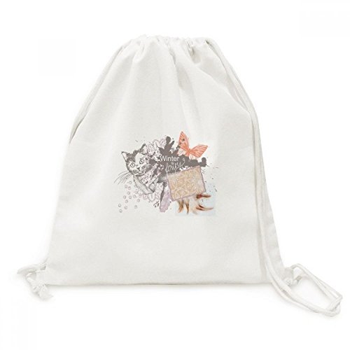 Toile Drawstring Backpack Chat et Papillon sac à dos cordon voyage