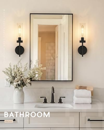Image of Modern Wall Sconces Set of 2, Matte Black Bathroom Vanity Sconces with Square Clear Glass Shade, Wall Mount Lights for Mirror Bedroom Hallway, Upward Lighting Only, E26 Base, VL262-MB-2PK
