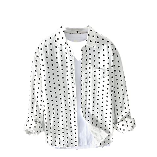 Klassieke Polka Dots Shirts voor Mannen Casual Lange Mouw Revers Japan Stijl Streetwear Dunne Jas, Z184 Wit, XXL