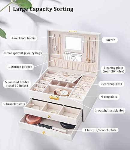 Jewelry Box Organizer For Women Girls, 3 Layer White Pu Leather Jewelry Storage Case With 2 Removable Drawers, Mirror, Key Lock And 4 Pcs Jewelry Bags For Rings, Earrings, Necklace, Bracelet #TOP2