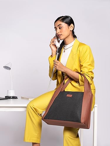 Image of ZOUK Printed Jute Handcrafted Vegan Leather Grey Women's Stylish Tote Bags | Trapezia Tote| Shoulder bag with double handle